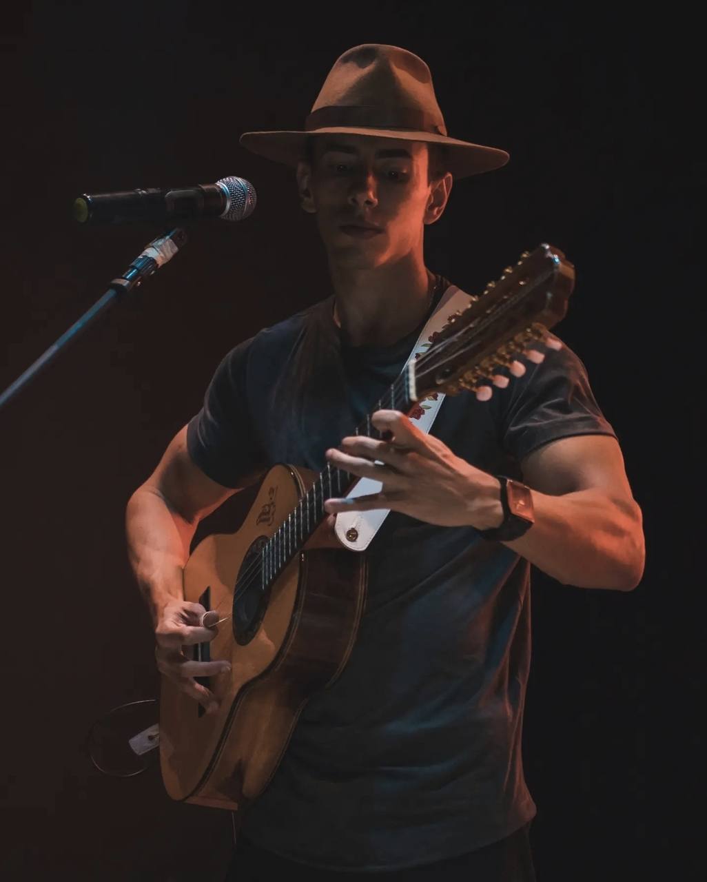 Anderson Junior de chapéu tocando viola caipira sob luzes de palco